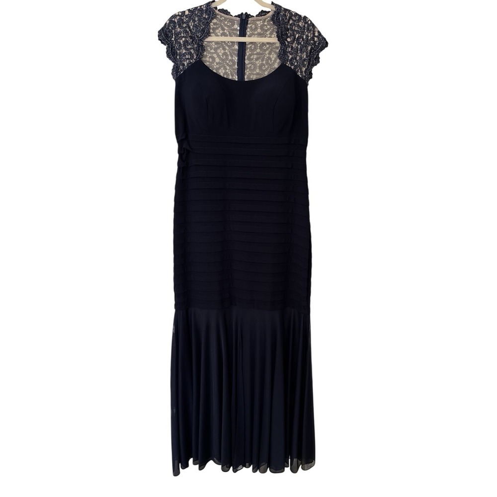 Women's Navy Blue Long Mermaid Cap Sleeve Chiffon Maxi Formal Wedding Dress 14 - Picture 2 of 12